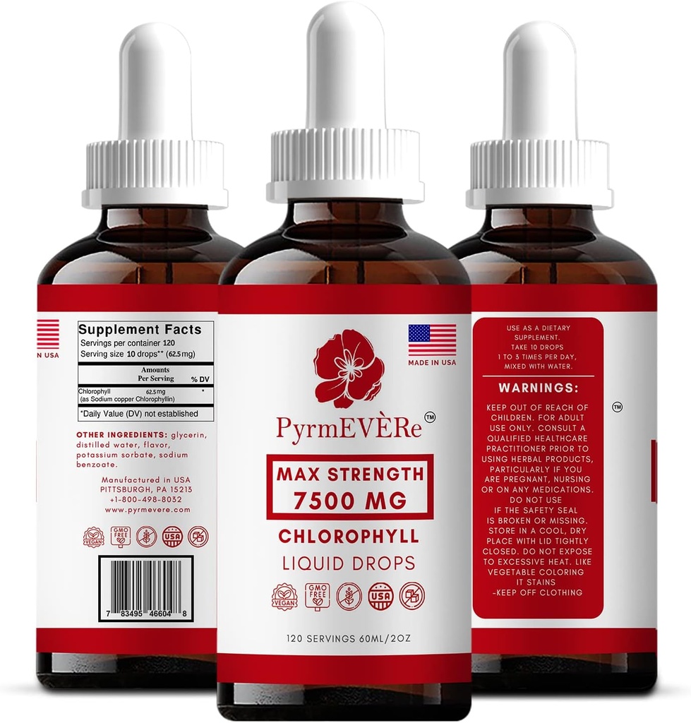Pyrmevere Chlorophyll Liquid Drops - Vyrobené v USA, Mint Flavor, Liquid Chlorophyll 
