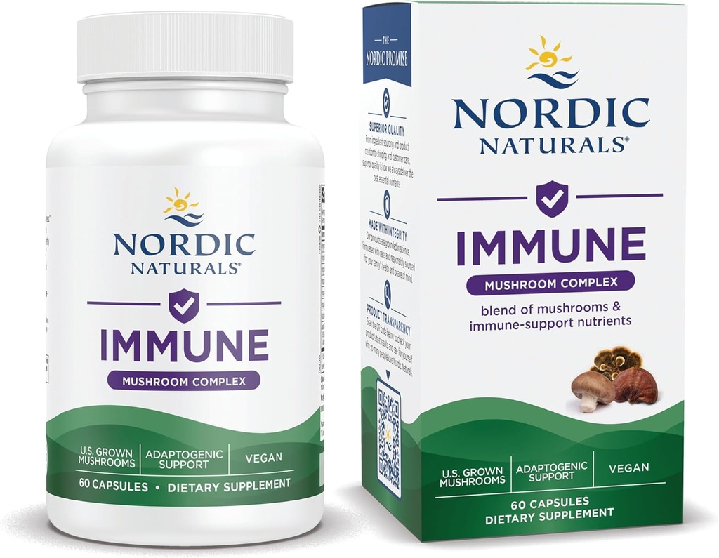 Nordic Naturals Immune Mushroom Complex, Unflavred - 60 Kapsule - Adaptogenic Support - Multi-Mushroom Blend - Optimal Wellness - Non-GMO - Certified Vegan - 30 Servings
