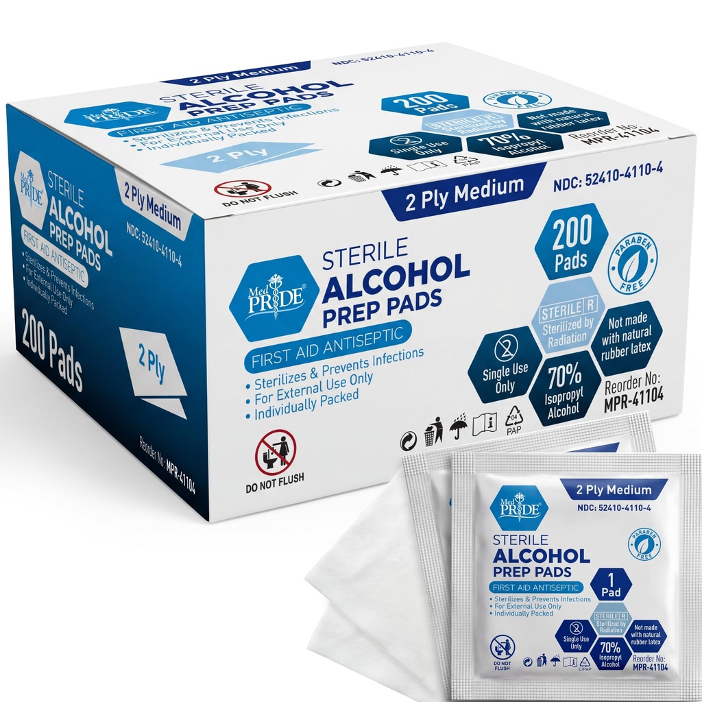 MED PRIDE Sterilný alkohol Prep Pads, Antiseptik, 70% izopropyl, Individuálne zabalené, Lekársky stupeň 2 Ply Wipes (200 Počet (Pack of 1) White)