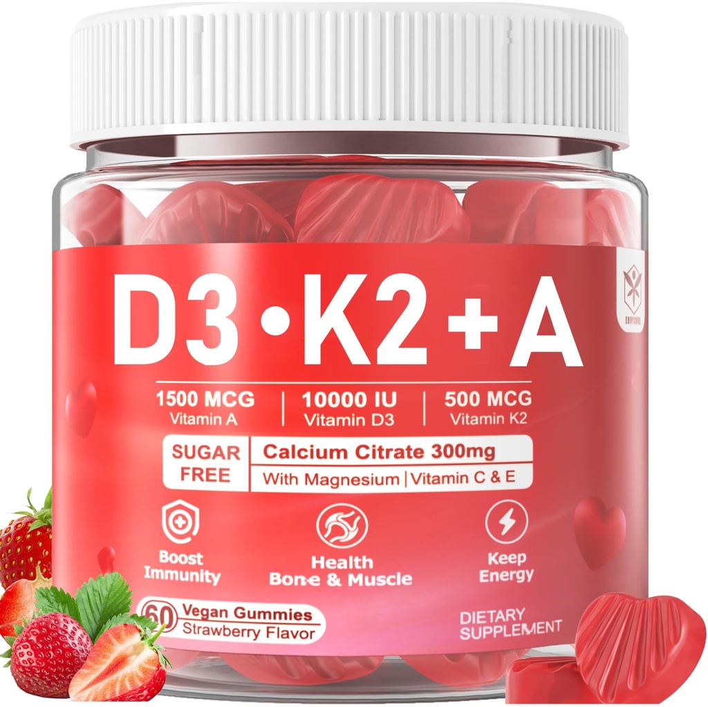 Vitamín D3 10000iu + K2 MK7 + Gumičky s horčíkovým zinkom vápenatým pre ženy a mužov, vysoká potencia ADK vitamín doplnok podporuje zdravý imunitný systém, funkcia kostí a zraku, bez cukru 120 Cts