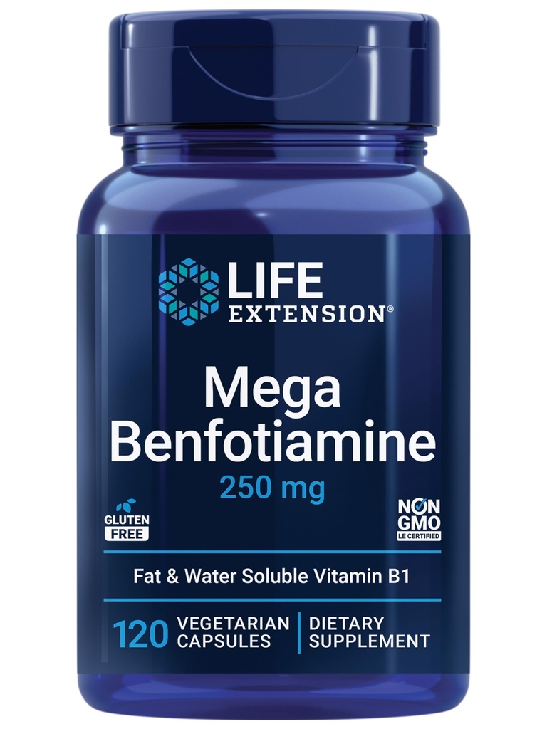 Extension života Mega Benfotiamín, 250 mg, rozpustná forma tiamínu, zdravý metabolizmus, ultra- biodostupný vitamín B1, vysoká potencia, bez gluténu, non- GMO, vegetarián, 120 kapsúl