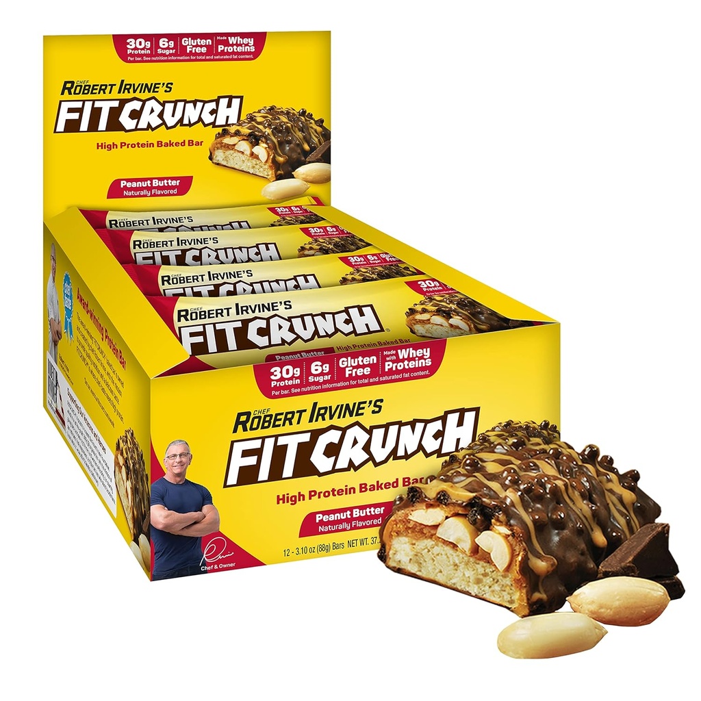 FITCRUNCH Plná veľkosť Bielkoviny Bary, 6-Layer Baked Bar, 6g cukru, Gluten Free & Soft Cake Core (12 Bary, Arašidové maslo)