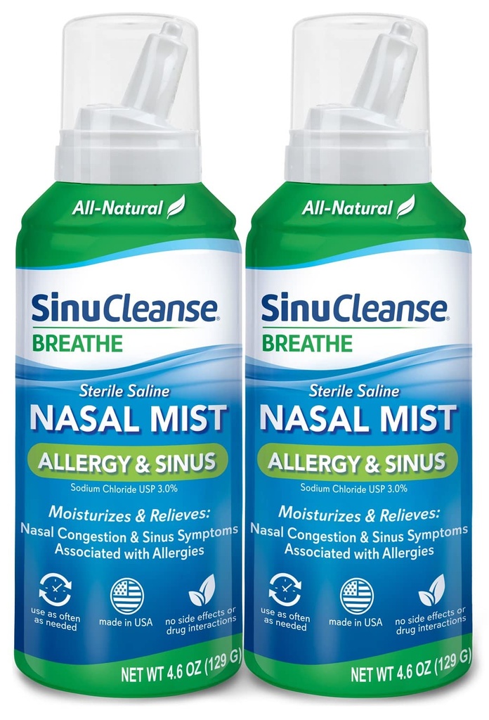 SinuCleanse Alergia & Sinus Sterilný Saline nosný sprej, Ultra Fine Mist, Instantly Hydratuje a Relives Ťažké nosové kongescie V dôsledku alergií, 4.6 Oz (2 balenia), Made in USA