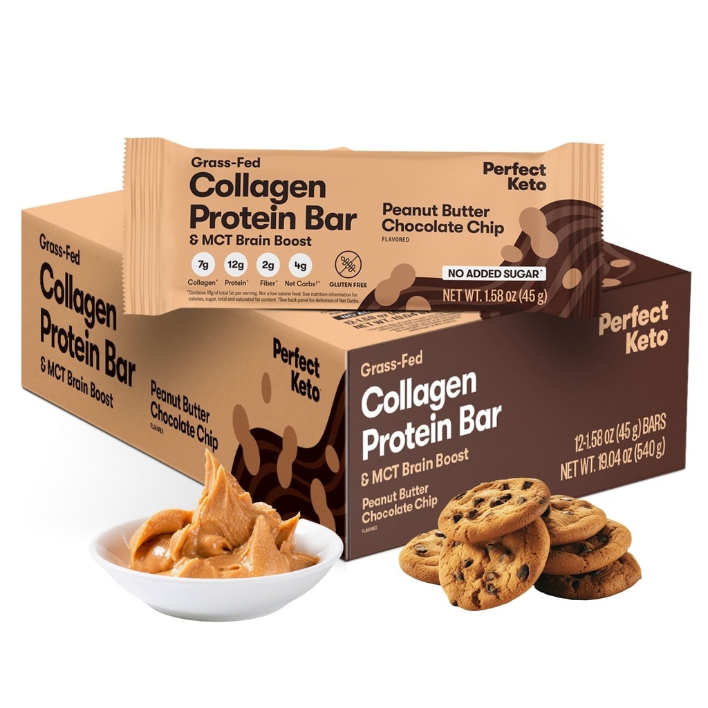 Perfect Keto Collagen Protein Bar, Gluten Free Grass Fed Collagen + MCT Olej, Nízky tuk, No Sugar Pridané, Vysoké Bielkoviny Snacks, Keto Diet Foods, 13g Protein, 18g Tuk, 3g Net Carbs, Arašidové maslo Čokoláda Chip, 12 Bars