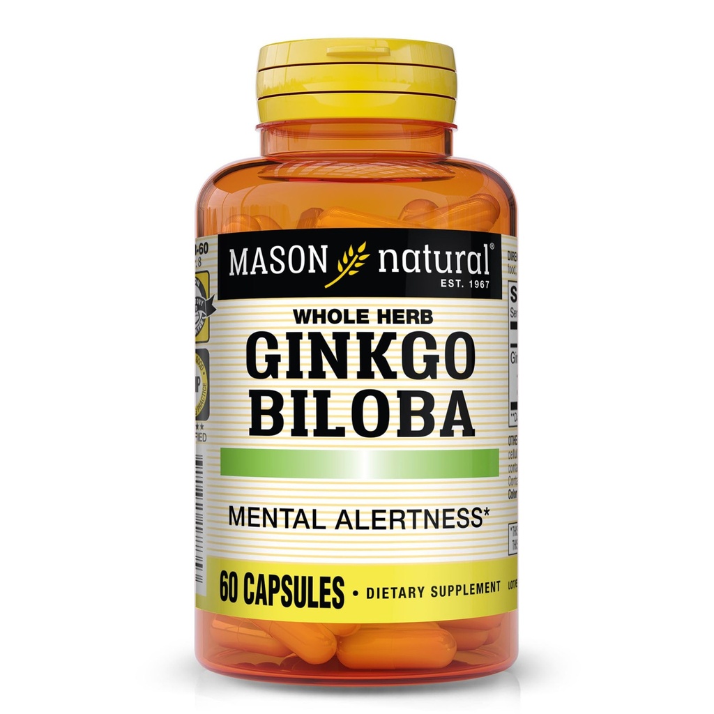 Mason Natural Ginkgo Biloba, 1 mesiac dodávky, pomáha zlepšiť duševné varovanie a podpora Optimálna funkcia mozgu, 60 kapsúl