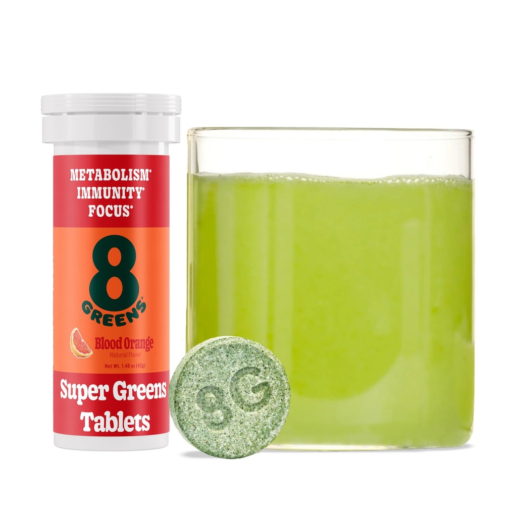 8Greens Supergreens Tablety Super Greens Powder Superfood Tablety, Metabolizmus imunita & Focus, Denné Greens šumivé tablety, Organické: Aloe Vera, Spirulina, Chlorella, Krvavá Orange, 10 Slúži