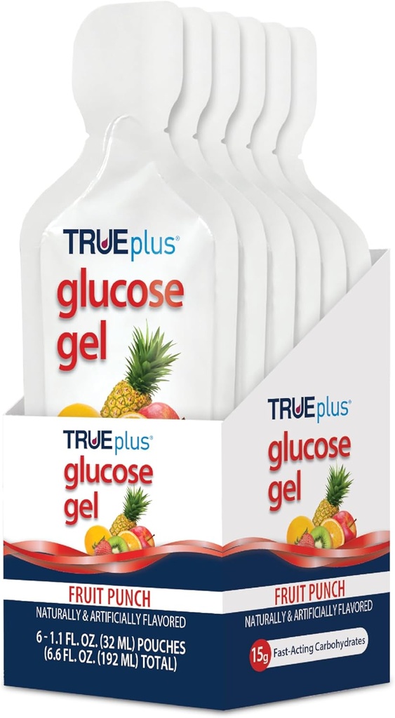 TRUeplus Glukóza Gél Puch, Ovocná Punch chuť, 15g Fast-Acting Carbohydrates, bez tuku, bez lepku, Rýchla podpora pre nízku hladinu cukru a energie v krvi, 6 Balenie