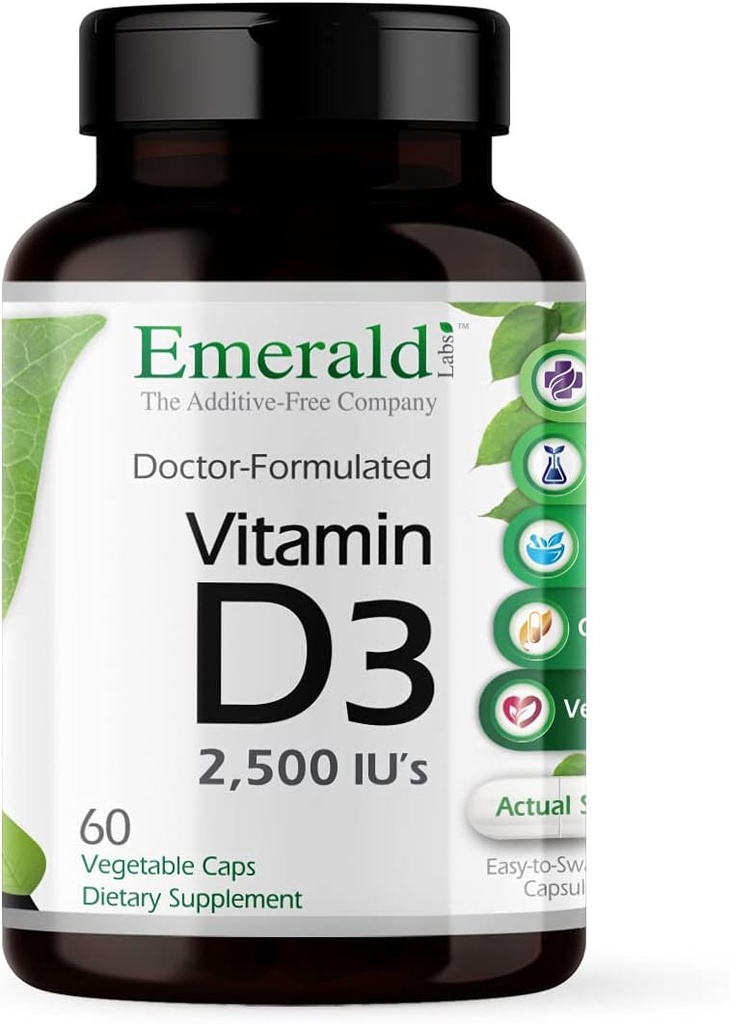 EMERALD LABS Vitamín D3 2,500 IU - podporuje kosti, zuby, svalovina, srdce a imunitné zdravie - Premium Dietary Supplement - 60 Rastlinné kapsuly (60-Deň dodávky)