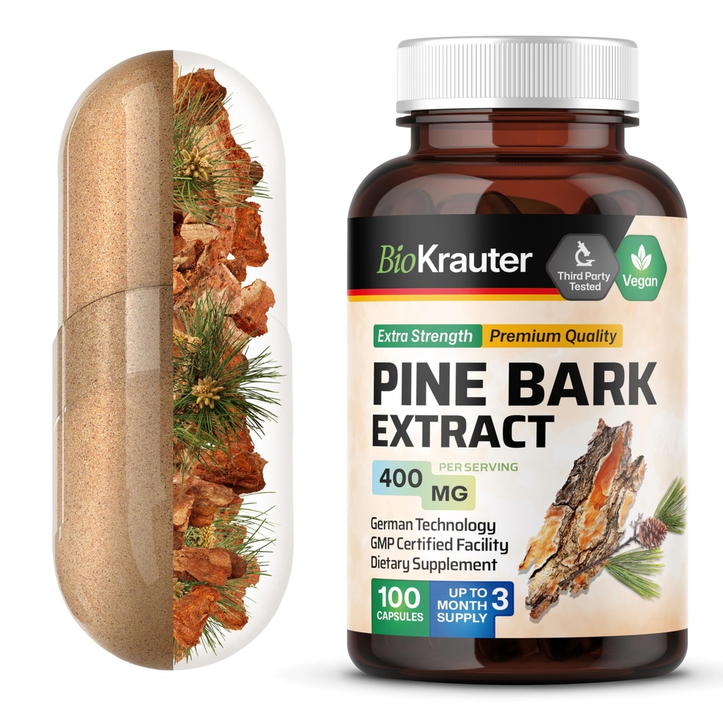 BIO KRAUTER Pine Bark Extract Kapsule 400 mg - 100 gróf - Antioxidant Supplement - 95% Proanthocyanidíny - Pine Bark Supplement - Vegan, žiadne výplne