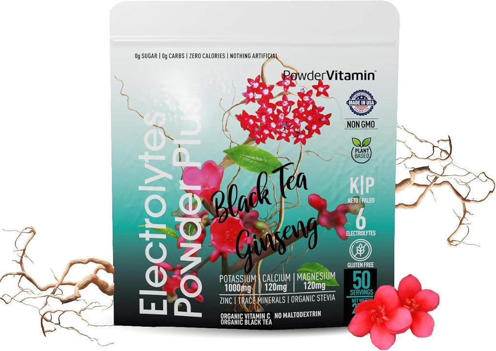 Prášokvitamín Elektrolyty Powder Plus (50 Servings) Čierny čaj ženšen Electrolyte Powder Keto, bez cukru, Ružová himalájska soľ, 1000mg Draslík, 120mg Vápnik, 120mg Magnézium, Hydračný prášok