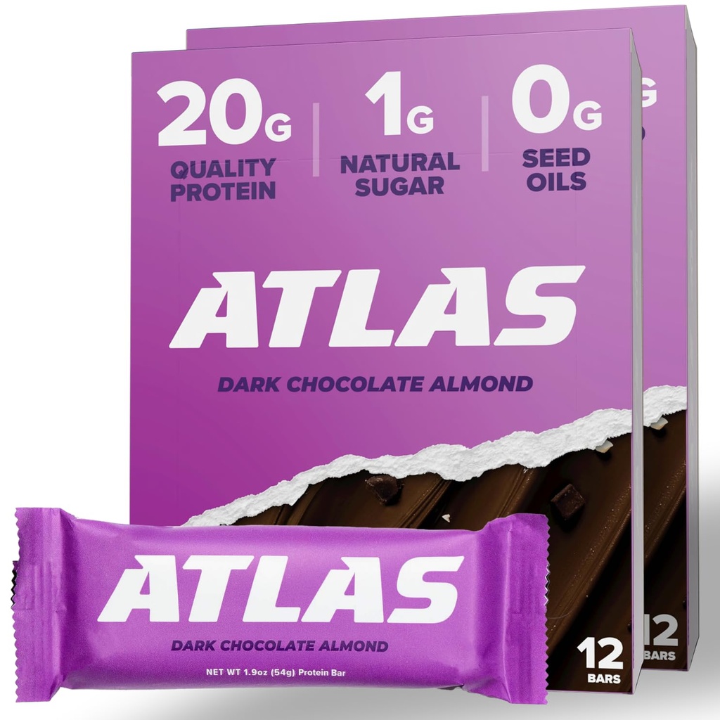Atlas Protein Bar, 20g Protein, 1g Cukor, Čisté zložky, bez lepku, Tmavá čokoláda mandľa (12 g, balenie 2)