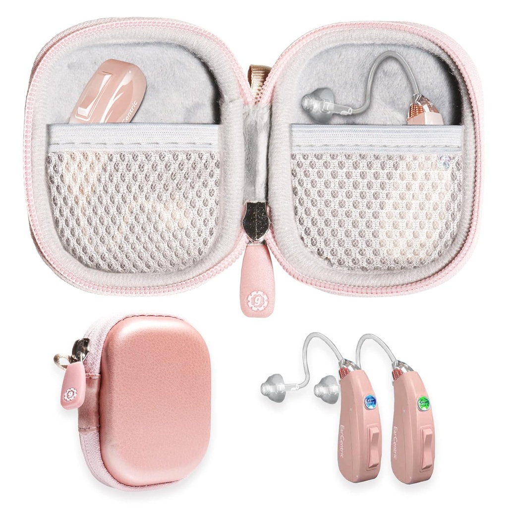 GETGEAR Navrhnuté ochranné puzdro pre sluchovú pomôcku, zosilňovač sluchu, osobný zosilňovač zvuku, zvukové zariadenie, počúvacie zariadenie, silné mini puzdro s mesh vreckom (Rose Gold)