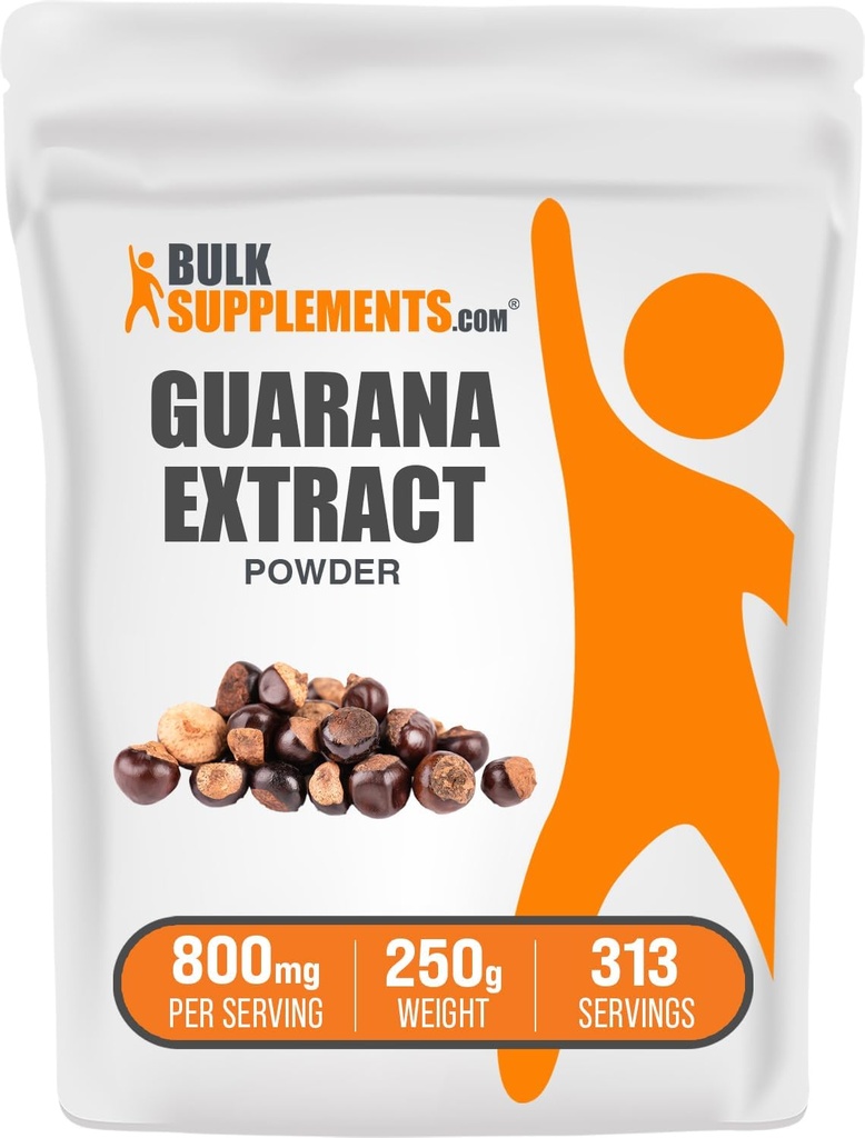 BulkSupplements.com Guarana Extract Powder - Natural Caffeine Supplement, from Guarana Seed, Guarana Powder - Gluten Free, 800mg per Serving, 250g (8,8 oz) (Pack of 1)