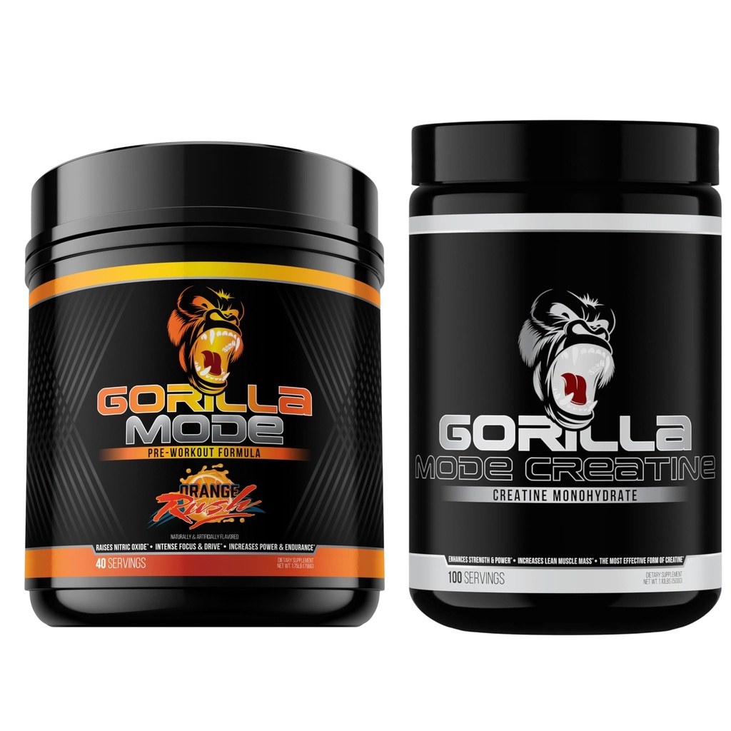 Gorilla Mind Pre Cvičenie (Orange Rush) + Kreatín (100 Serv.) - Komplexné Stack pre zlepšenie sily, Výkon výstup, a veľkosť svalov