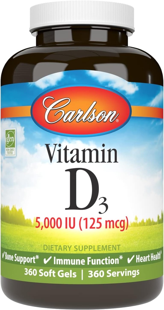 Carlson Vitamín D3 5 000 IU, zdravie kostí, 360 mäkkých gélov