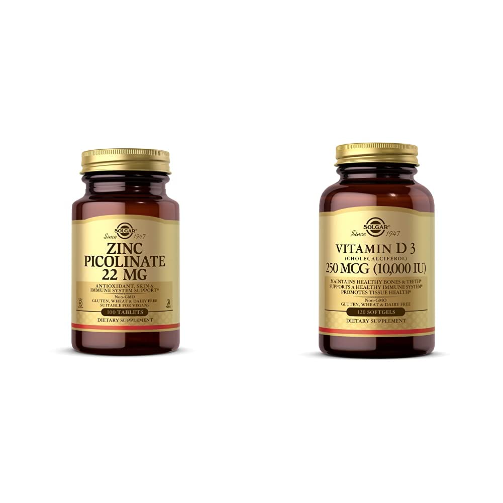 Solgar Zinok Pikolinát 22 mg, 100 tabliet - Podporuje zdravú pokožku - podporuje imunitný systém, normálne T s vitamínom D3 (cholekalciferol) 250 MCG (10 000 IU), 120 Softgels - pomáha udržiavať zdravé kosti