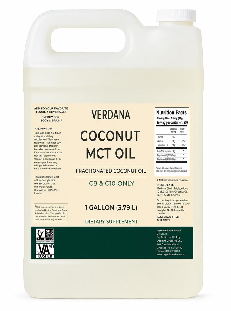 Verdana MCT Olej, štiepený, 100% z Coconut - 1 Gallon - Kosher Food Grade, Vegan, Non-GMO - Great for Keto and Paleo Diet (128 Fl Oz)