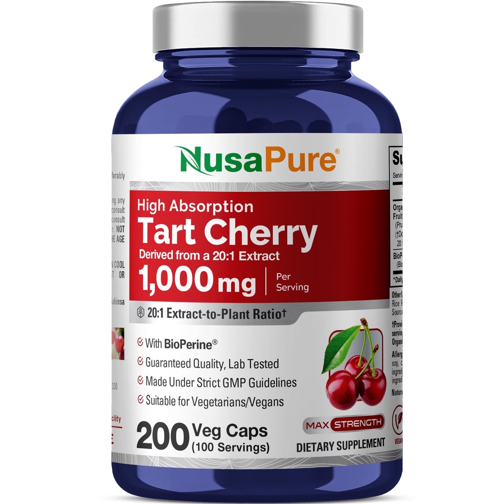 NusaPure Organic Tart Cherry 20:1 Extract, 1000 mg Equivalent to 20 000 mg 200 Veggie Caps (Vegan, Non-GMO) Bioperine