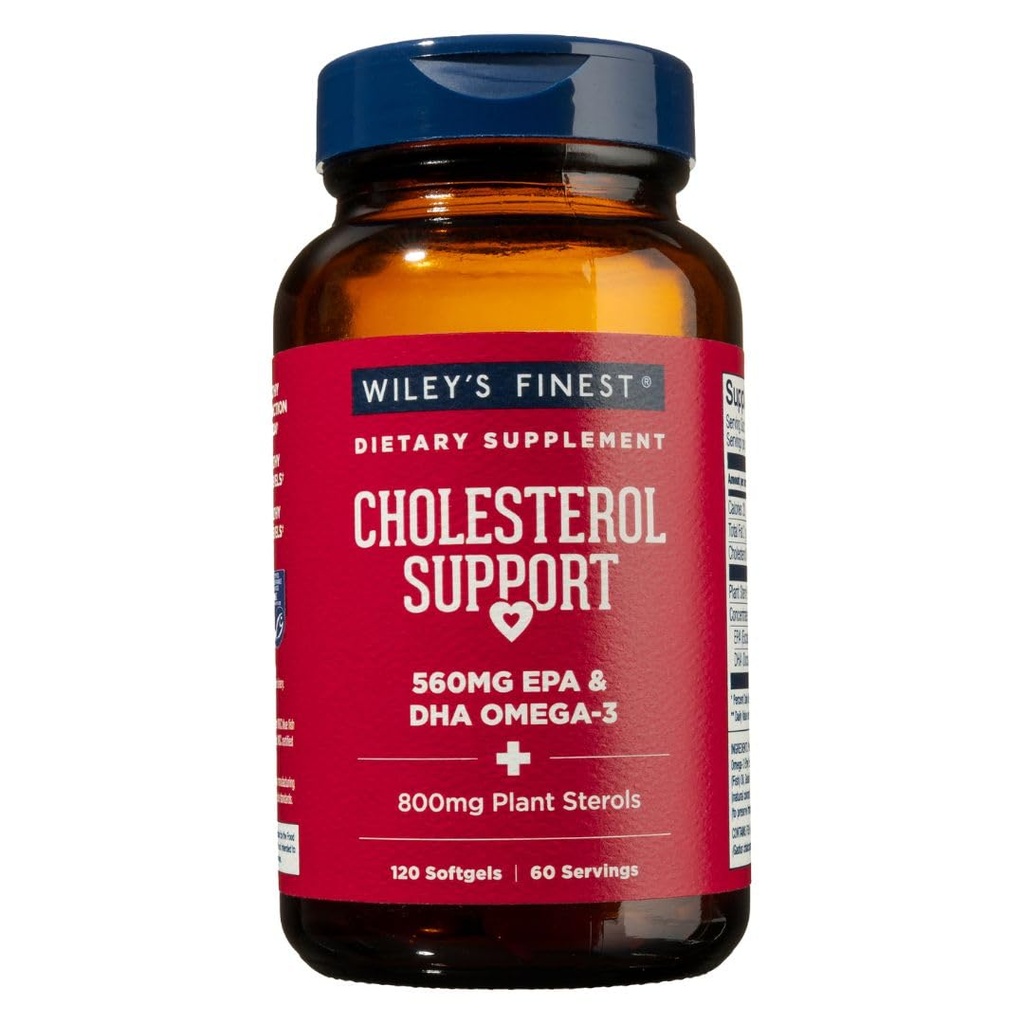 Wiley's Finest Wild Aljašský rybí olej Cholesterol Support - Heart Health Supplement for Men and Women - 560mg Omega-3s - 120 Softgels (60 Servings)