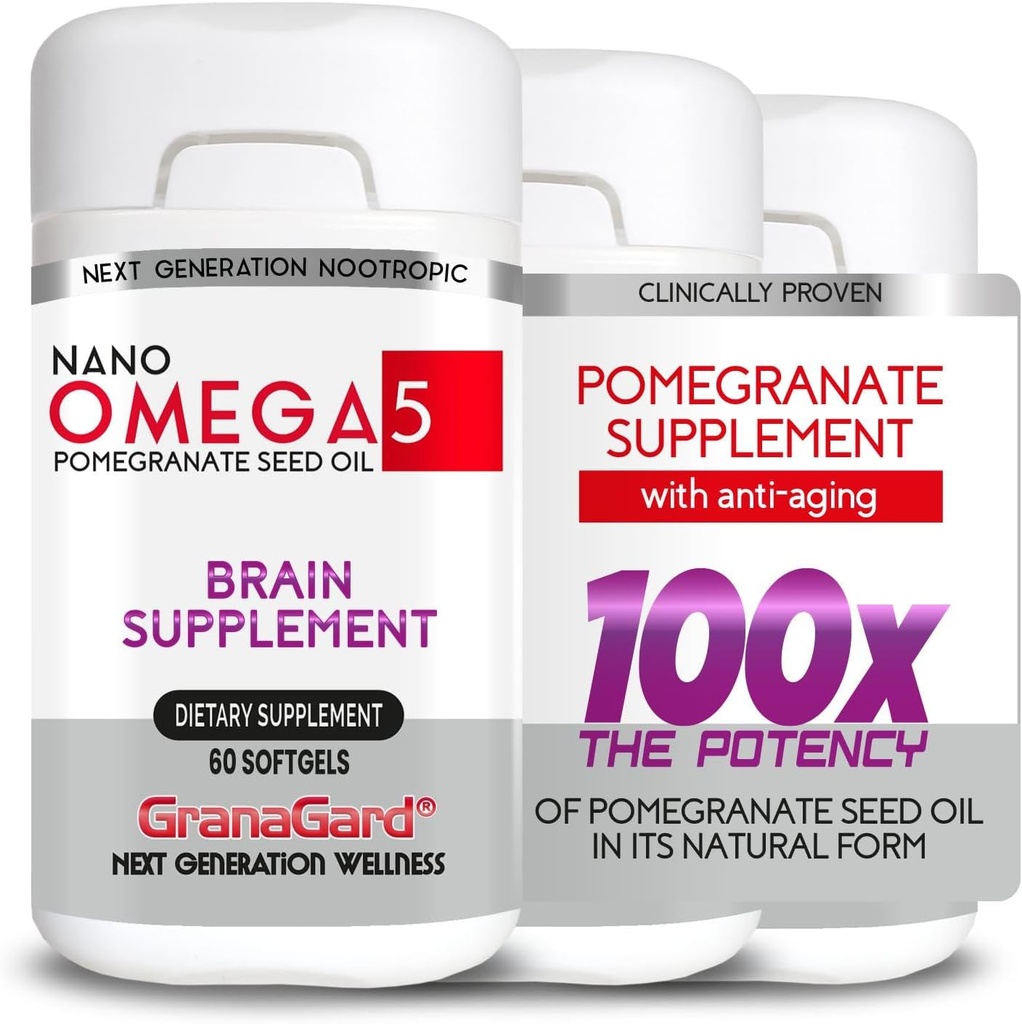 KLINICKY preukázané (3-Mesačné zásobovanie) Brain Doplnky s anti-starnutie, pamäťové pilulky, Omega 5 granátové jablko doplnok, 3 fľaše 60ct Každý