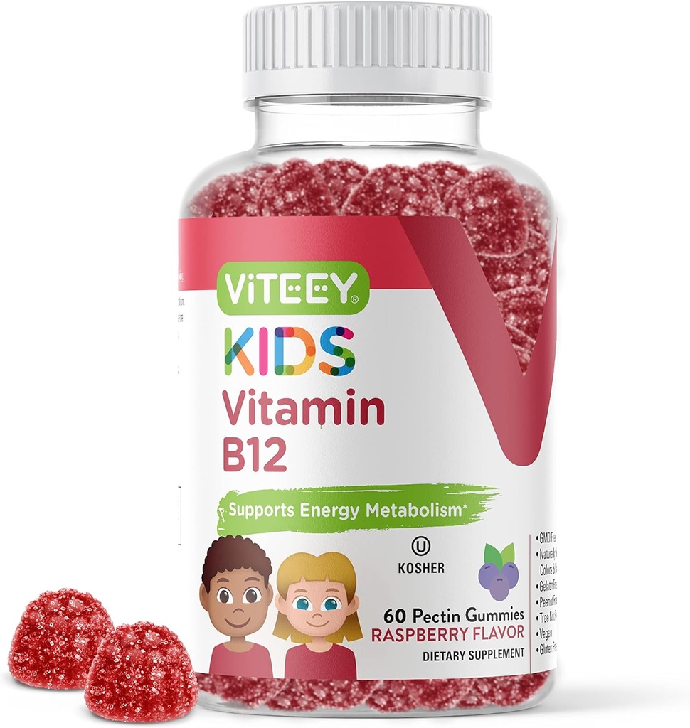 Viteey vitamín B12 pre deti Gummies, 1000mcg - Metabolizmus, Podpora prírodnej energie - Vegan, Želatína zadarmo, bez lepidla, GMO zadarmo - Chutný chutný B12 Malinová ochutená Gummy