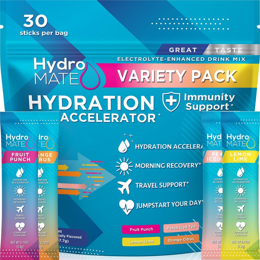 HydroMATE Electrolyte prášok Balíček odrôd Hydratačné balenia Nízky cukor 30 Počet