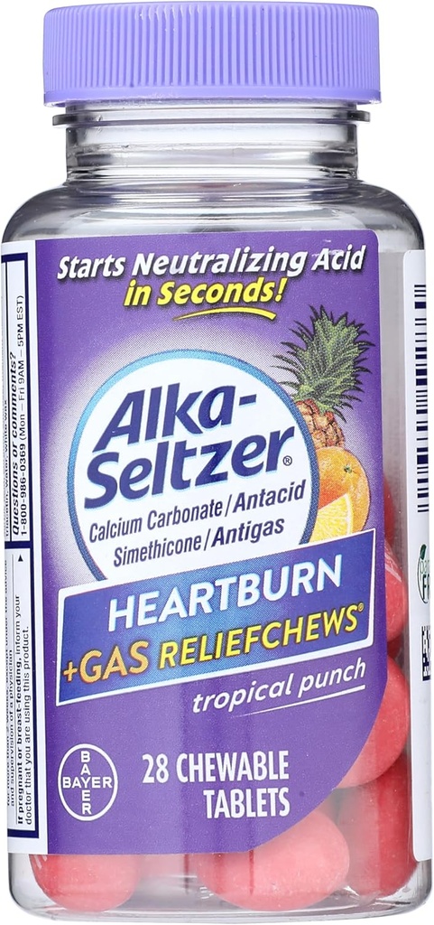 Alka-Seltzer Pálenie záhy + Relief plynu Žuvačky - úľava od pálenia záhy, plynu, kyslého trávenia a kyslého žalúdka - Tropické Punch Chute - 28 Počet