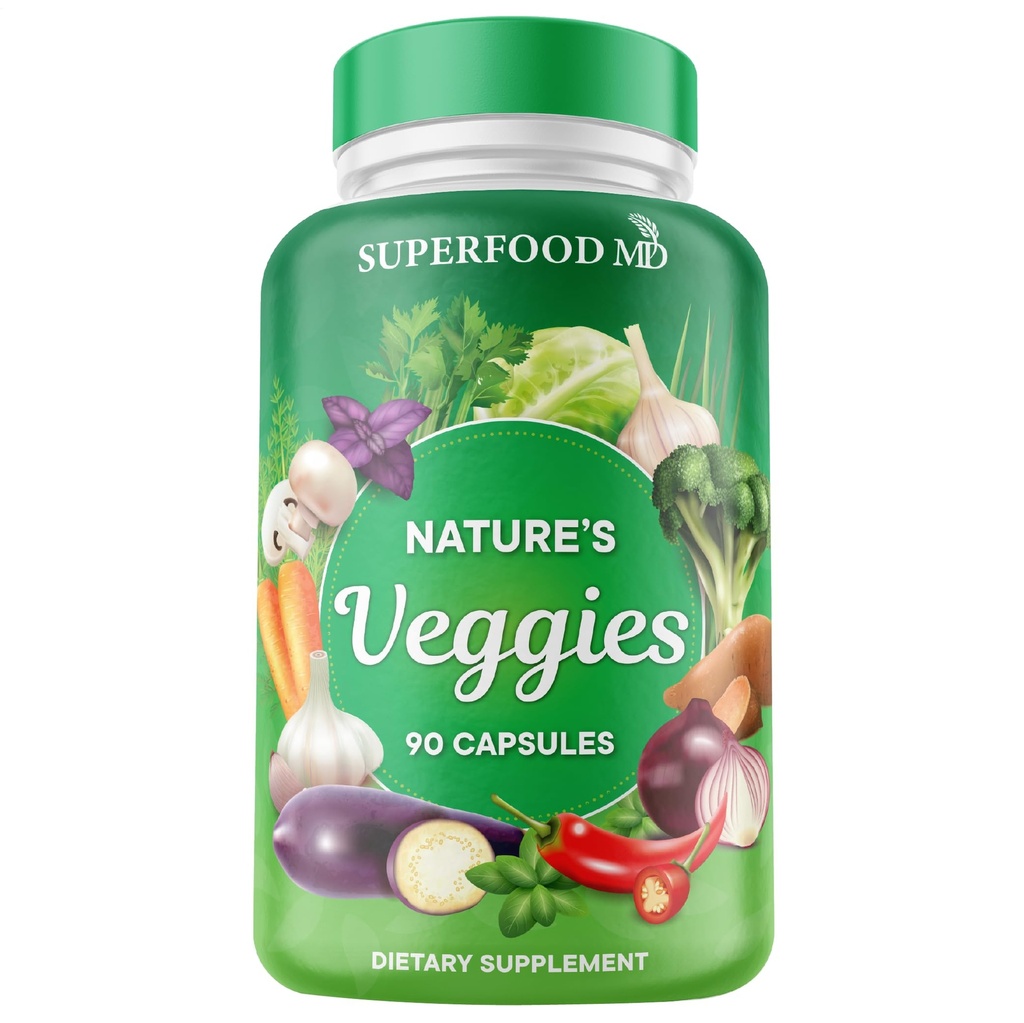 Superfood MD Veggie Supplement - 90 Veggie Capsules - Podpora energetickej hladiny, Beta karotén, vitamíny a minerály - sója bez - 90 Počet