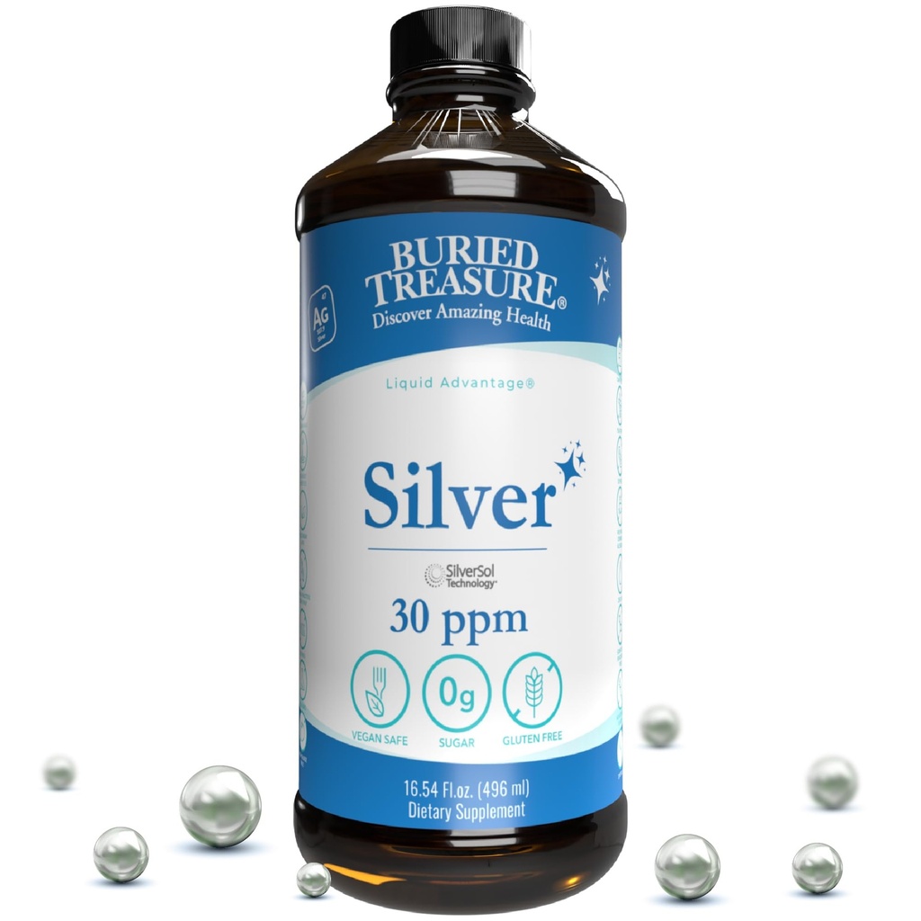 Pochovaný poklad Purifikovaný Silver Liquid 30 PPM - 16 oz. 96 Služba, Neakumulatívne Nano Silver Solution, Spray & Dietary Immune Supplement