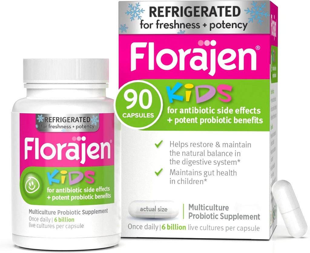 Florajen Kids Probiotic, 6 miliárd CFU, Chladiace probiotiká pre deti, Multiculture Probiotic Supplement, Relives Príležitostný plyn, Bloating & Coconbace, Podpora zdravie Gut, 30 Ct (3 balenie)