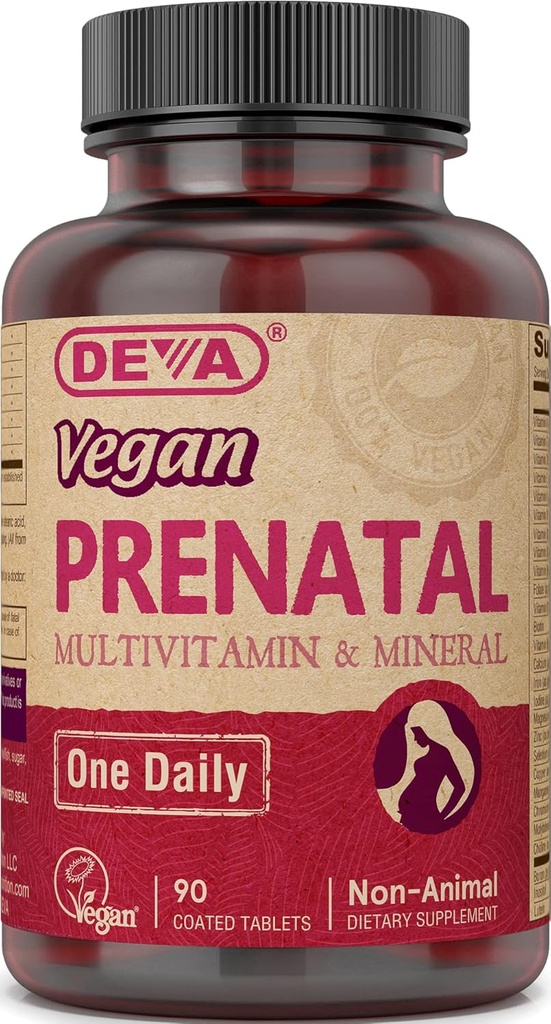 Deva Vegan Prenatálne multivitamíny a minerálne doplnky - Raz-Per-Day Formula - Vitamíny A, C, D, E, K, B Complex, s folát a syr - 90 obalené tablety, 1-Pack