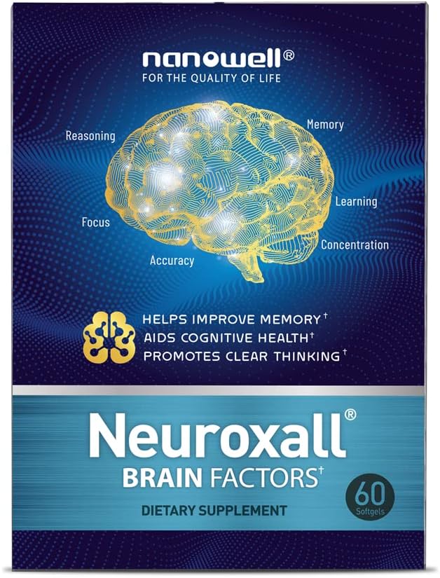 NANOWELL Neuroxall Faktory mozgu - kognitívna podpora s vitamínom B6, astaxantín, Ginkgo Biloba extrakt & Fosfatidylserín - Boosts Brain Health, Pamäť a zameranie - 60 Softgels