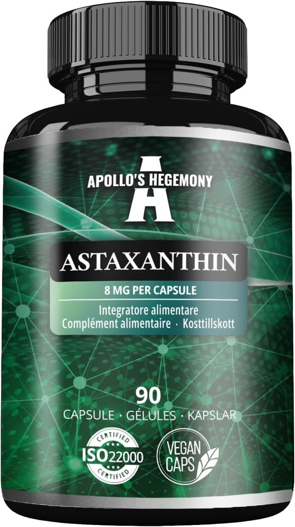 APOLLO'S HEGEMONY Astaxantín 8 mg z mikrorias Hamatococcus pluvialis - 90 Vegánske kapsuly - 3 mesiace Napájanie - Výkonný antioxidant - Diet Supplement