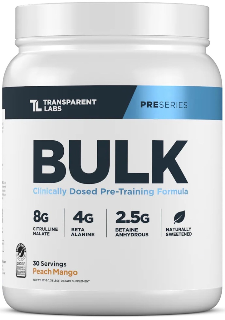 Transparentné Labs hromadne pred tréningom prášok - Prirodzene sladené Advanced Pre-Workout Formula pre budovanie svalov a sily - 30 slúži, Peach Mango