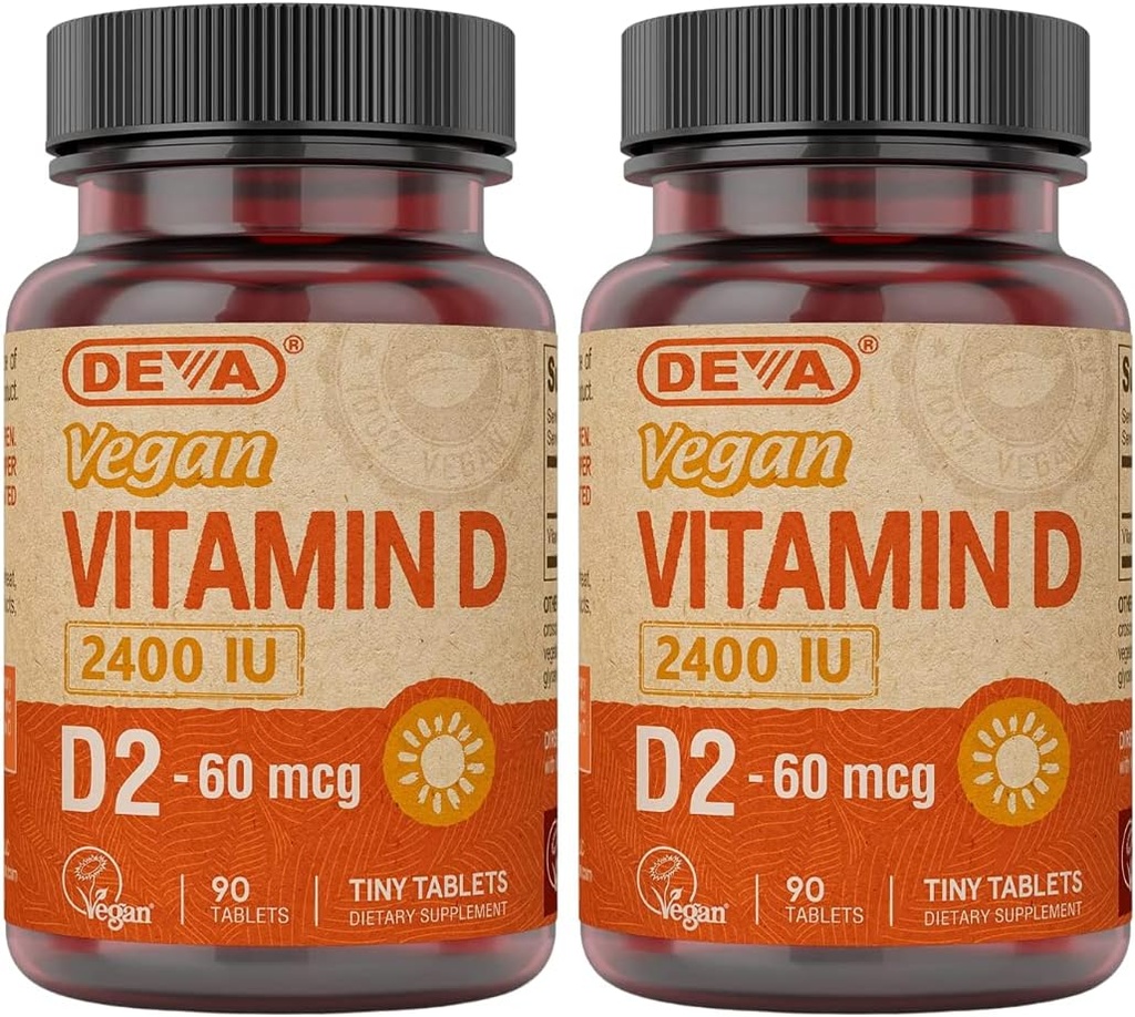 Deva Vegán Vitamín D2 60 μg 2400 IU, Ergokalciferol Supplement with No Animal Ingredients, 90 tabliet (Pack of 2)