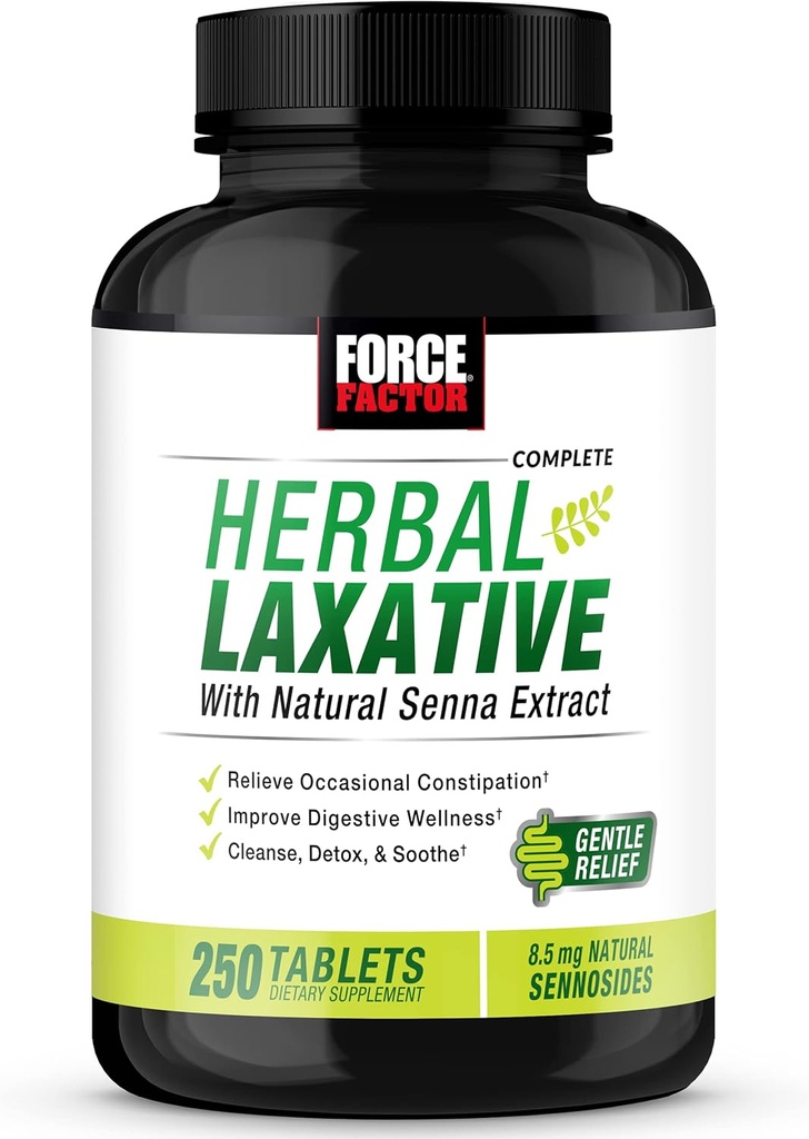 FORCE FACTOR Bylinné pre Zápcha Relief pre dospelých, Trávenie doplnok Vyrobené so Sennou na čistenie, Detox, a Soothe, Laxatíva pre zápcha pre ženy a mužov, 250 tabliet