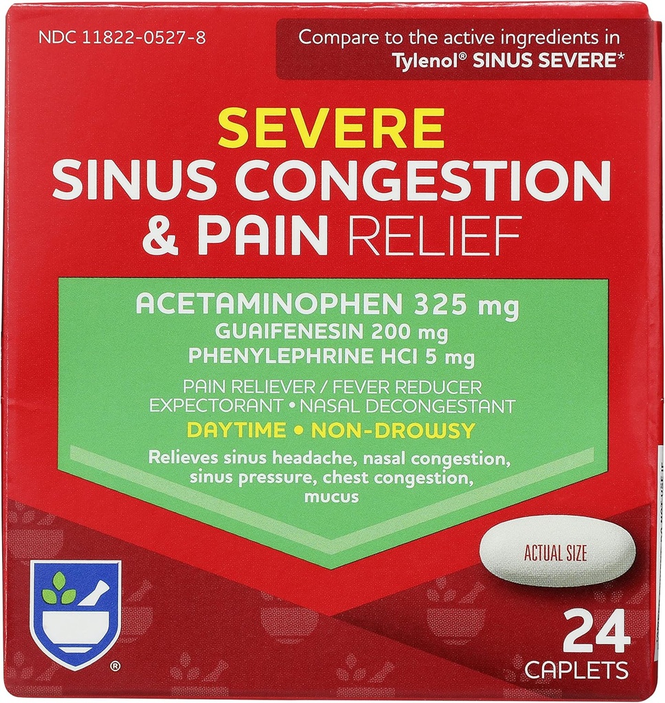 Rite Aid Daytime Ťažké Sinus kongescie a bolesti Relief - Acetaminophen, 325 mg - 24 Caplets 