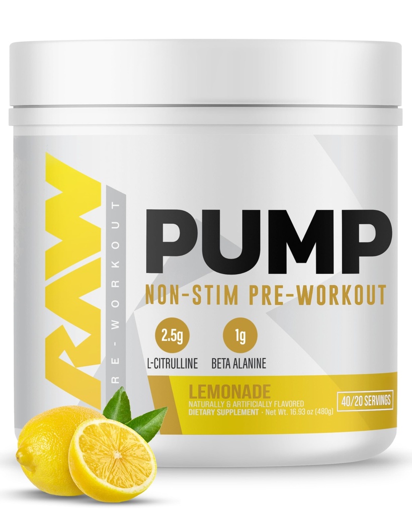 RAW Pump Stim zadarmo pred tréningom (Lemonáda) - non-Stimulant pred tréningom doplnok prášok oxidu dusnatého Booster - Pred tréningu doplnky nápoj pre počas tréningu - 40 Servisov