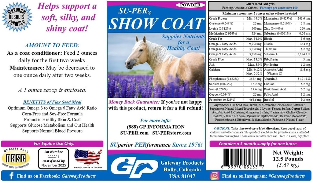 Su-PER Show Coat Supplement for Horses - Podpora mäkkého, hodvábneho a lesklého kabáta - Rýchlejší manéver a rast chvosta - Aminokyseliny, B-komplex vitamíny a minerály - 12,5 libra, 3 mesiace dodávky
