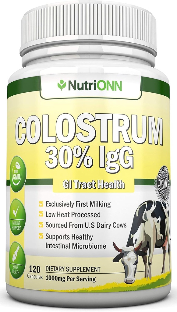 Colostrum - 1000mg - 120 Kapsule - 30% IgG - Non-GMO US Dairy - Prvé dojenie Bovine Colostrum - Nízko tepelne spracované - Skvelé pre GI Tract Health - Immune Support - Bone and Muscle Health