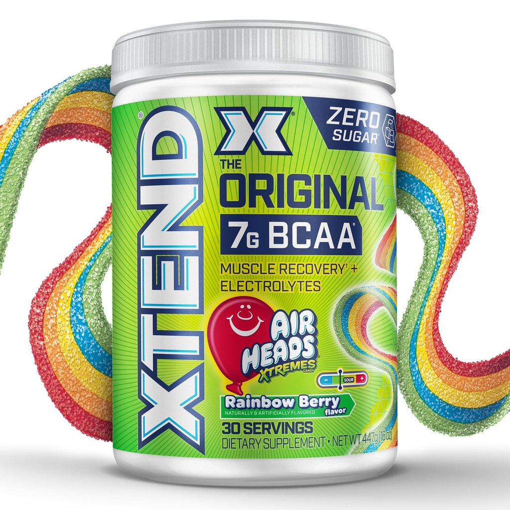 Xtend Original BCAA Powder Airheads Rainbow Berry Flavor, 7g BCAA a 2,5g L-Glutamine, bez cukru Po tréningu Svalové zotavenie Nápoj s aminokyselinami pre mužov a ženy, 30 Servings