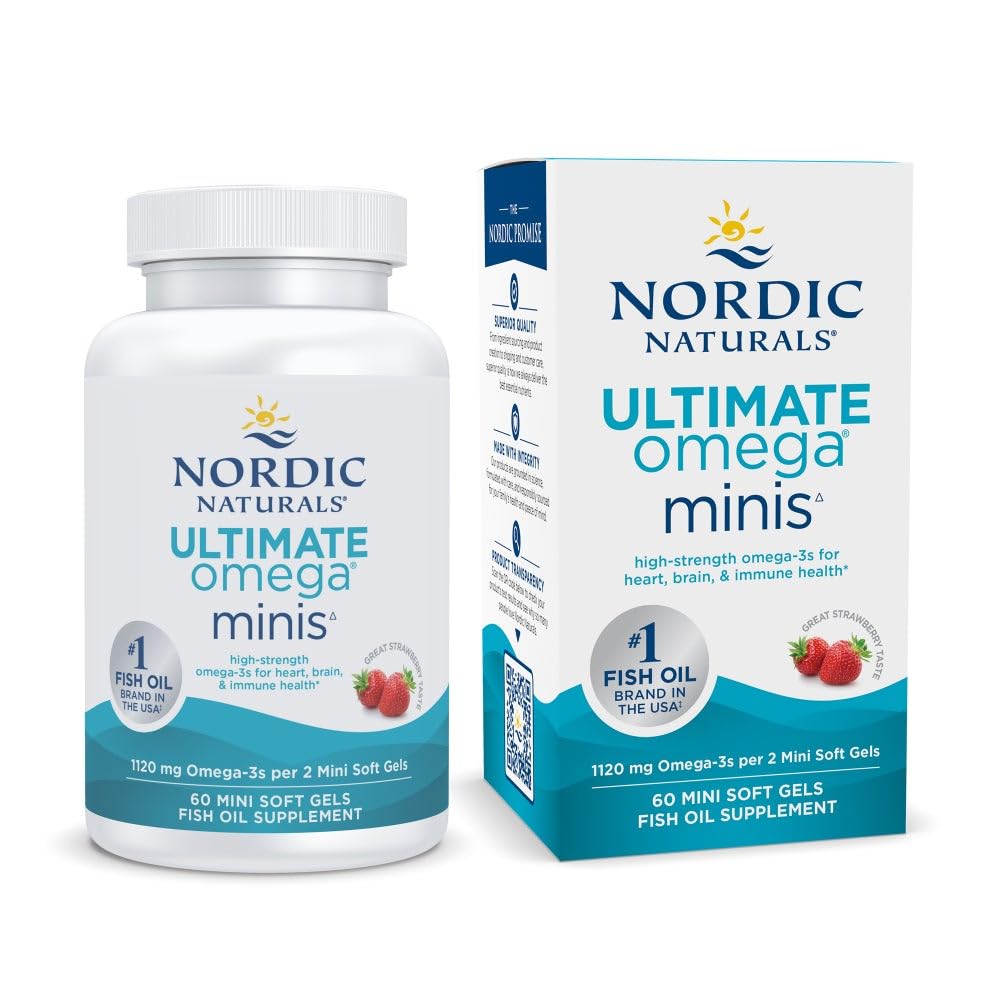Nordic Naturals Ultimate Omega Minis, Jahodová chuť - 60 Minis Soft Gels - 1120 mg Omega-3 - High-Potency Fish Oil Supplement - EPA & DHA - Podporuje zdravie mozgu a srdca - 30 Servisov