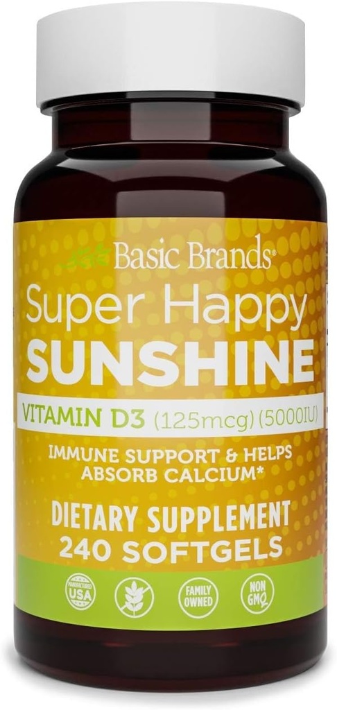 Basic Brands Super Happy Sunshine Vitamin D3 5000IU, 240-count (Pack of 1)