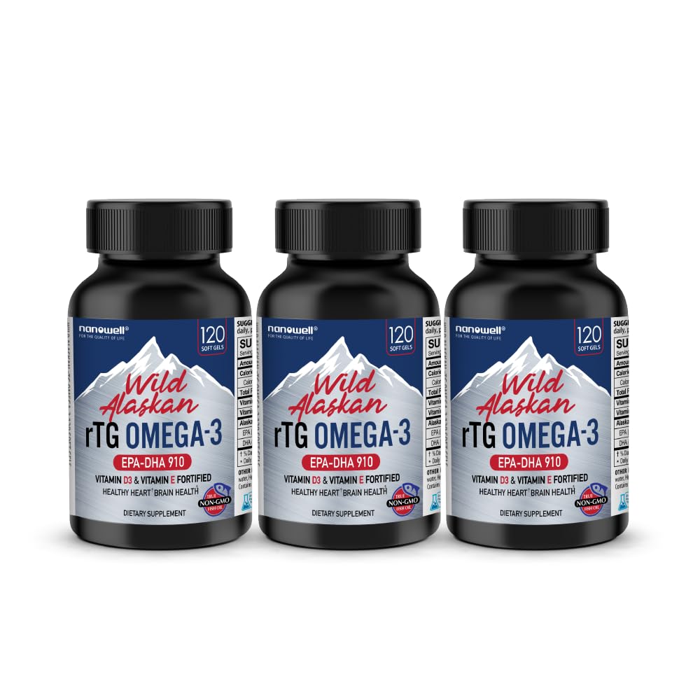 NANOWELL Wild Aljašský rTG Omega-3 rybí olej 1196mg - EPA, DHA, vitamín D3 & E - 120 Softgels x 3 fľaše (360 Počet)