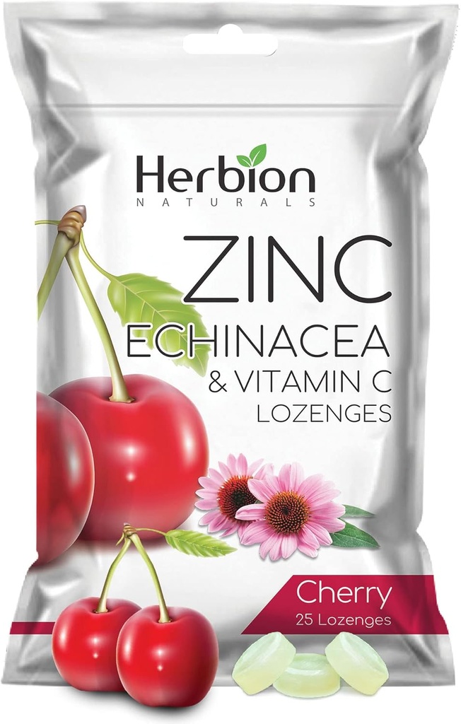 HERBION Naturals Zinok, Echinacea a vitamín C Lozenges 25 CT, Dietary Supplement for Adults & Children 5+, Propaguje wellness pre celú rodinu, 25 gróf, Cherry, balenie po 1