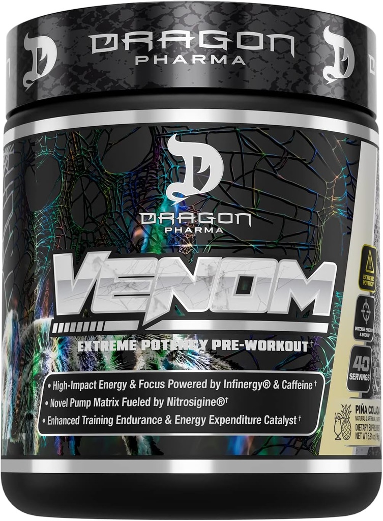 DRAGON PHARMA Venom Extreme Potency Pre-Workout, Laser Sharp Focus + Energy, Intense Performance, Preven Ingredients for Enhanced Vasodilatation & Endurance (40 Servings, Piña Colada)