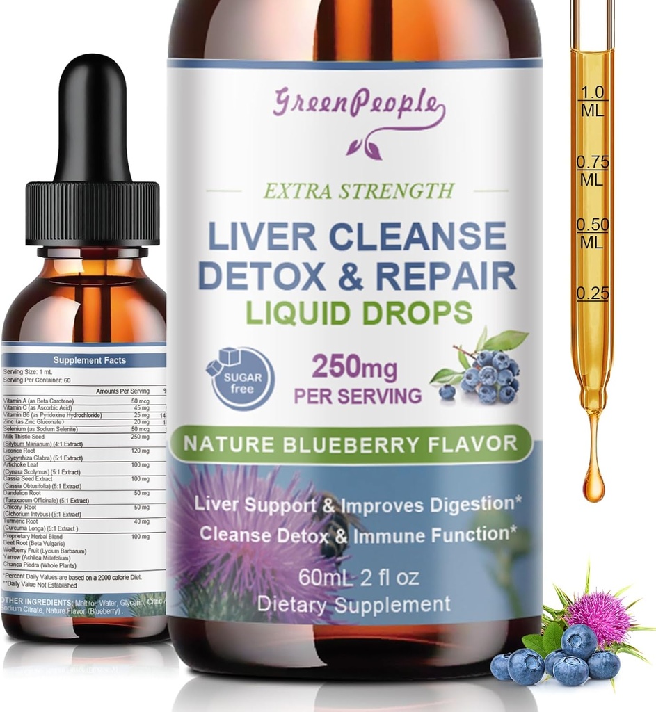 GREENPEOPLE Pečeň čistiť Detox & Repair Drops - Pečeň Supplement w/Milk Thitle Silymarin, Artičoky a púpavy pre pečeň Detox & Support- 16x Potent Herb-Nutrients - 2Fl Oz Blueberry Flavor