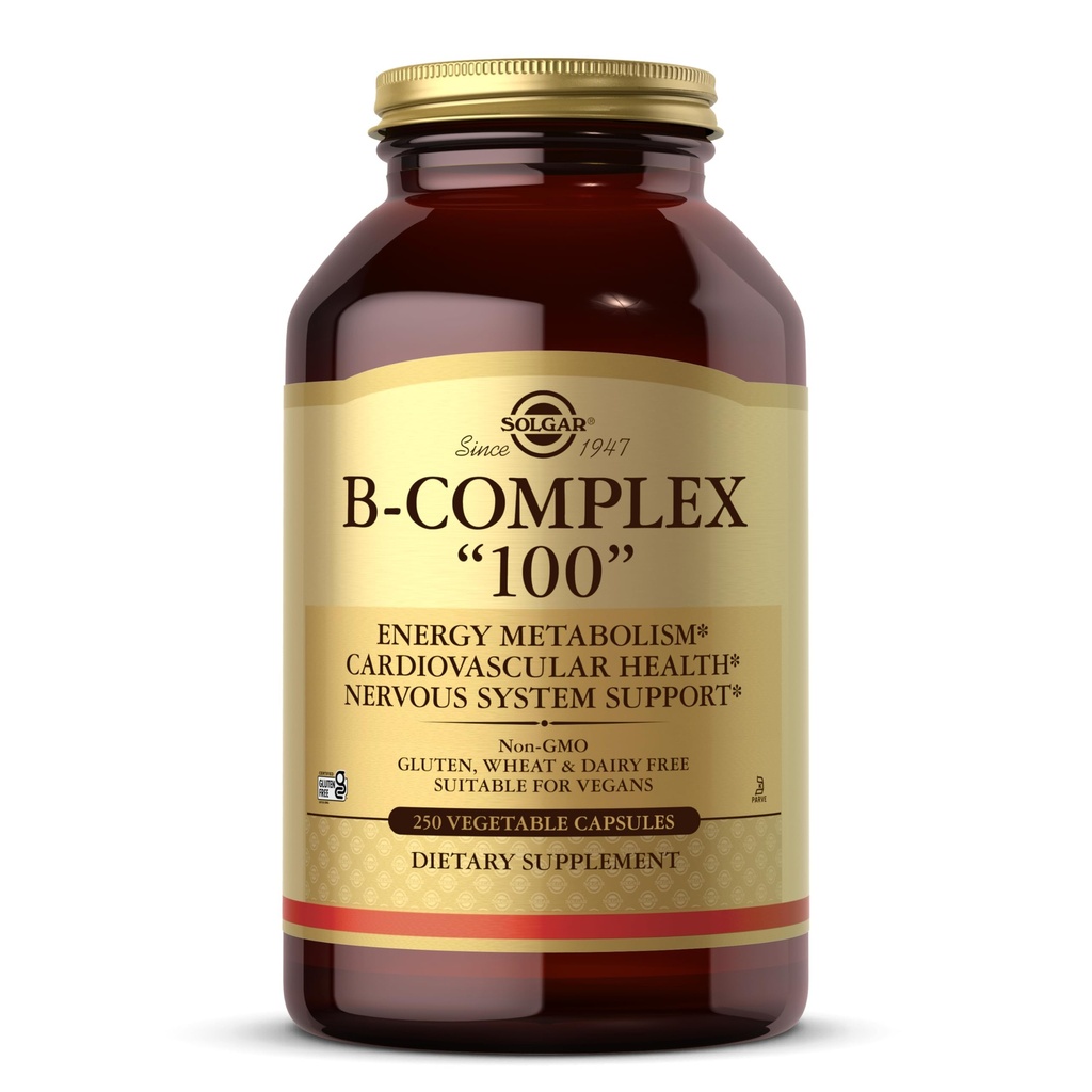 Solgar B-Complex "100," 250 Rastlinné kapsule - Nervový systém Podpora - Podporuje energetický metabolizmus - Non-GMO, Vegan, Gluten Free, Dairy Free, Kosher - 250 Servings