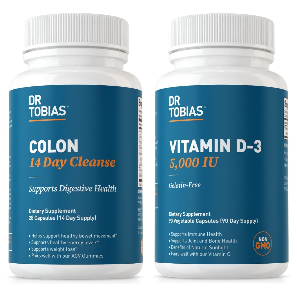 Dr. Tobias Colon 14 dní Čistenie a vitamín D3 5000 IU Podpora Celkové zdravie, imunitný systém a tráviaci systém. Non-GMO Gut Čistenie a vitamín pre mužov a ženy.