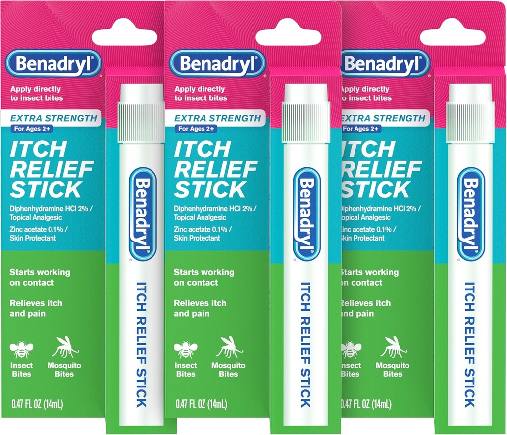 Benadryl Extra sila Anti-Ich Relief Stick, Bug Bite Itch Relief, Diphenhydramín HCl Topical Analgestic & Zinok acetát kože Protectant, Great for Camping Essentials, 0.47 fl oz (Pack of 3)